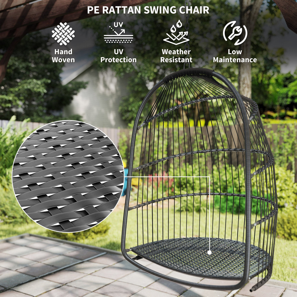 Foldable Hanging Egg Chair with Cushion, Headrest and Kit, Dark Grey
