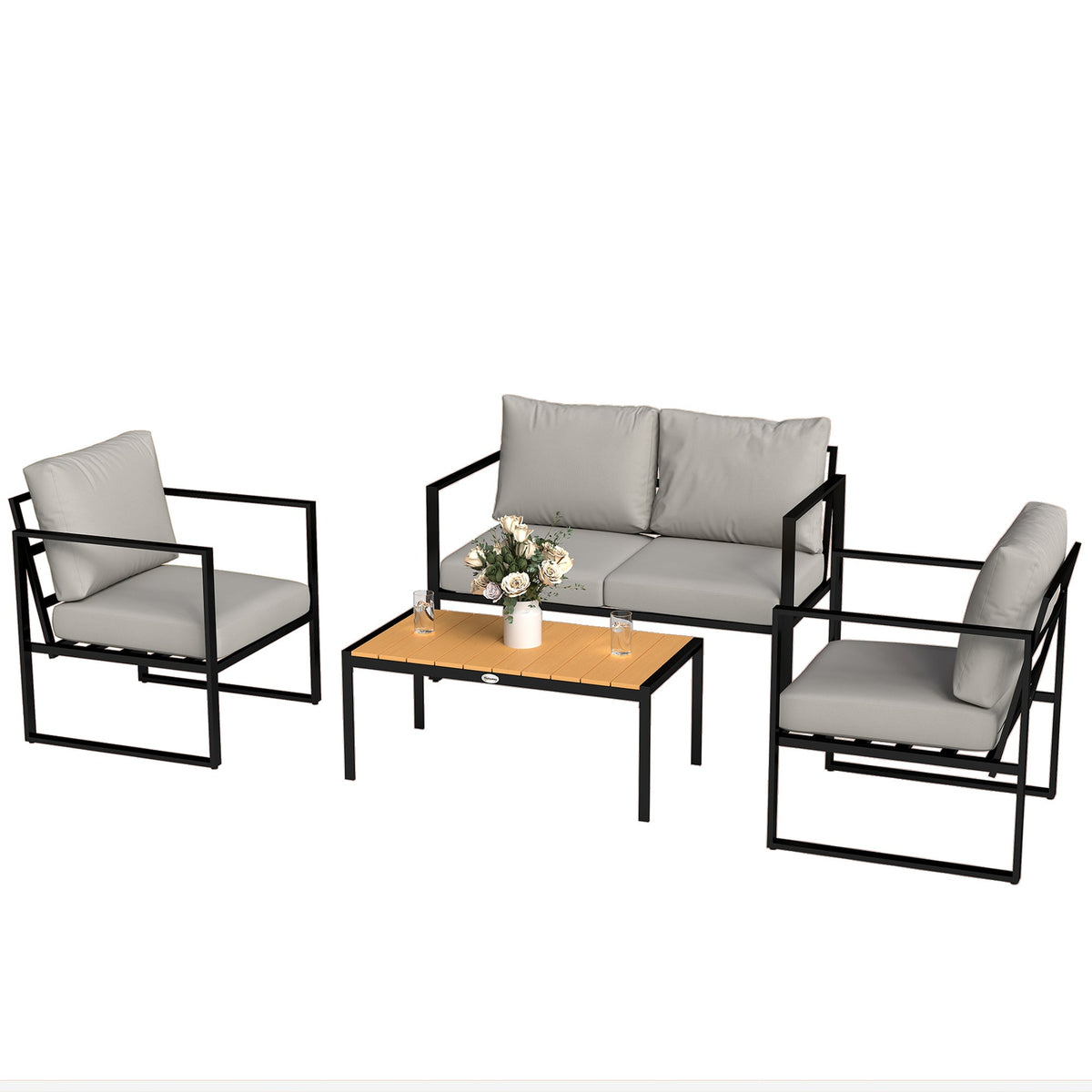 4 Piece Garden Furniture Set with Loveseat, Armchairs and Slatted Table, Grey