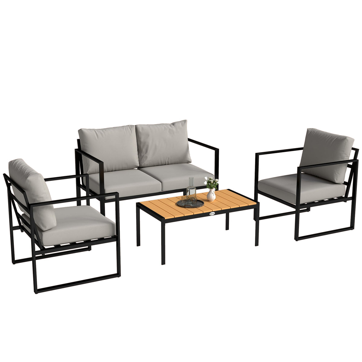 4 Piece Garden Furniture Set with Loveseat, Armchairs and Slatted Table, Grey