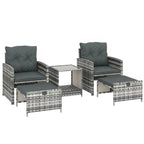 5-Piece Rattan Sofa Set with Ottomans, 2-Tier Glass Table, Grey/Dark Grey