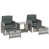 5-Piece Rattan Sofa Set with Ottomans, 2-Tier Glass Table, Grey/Dark Grey