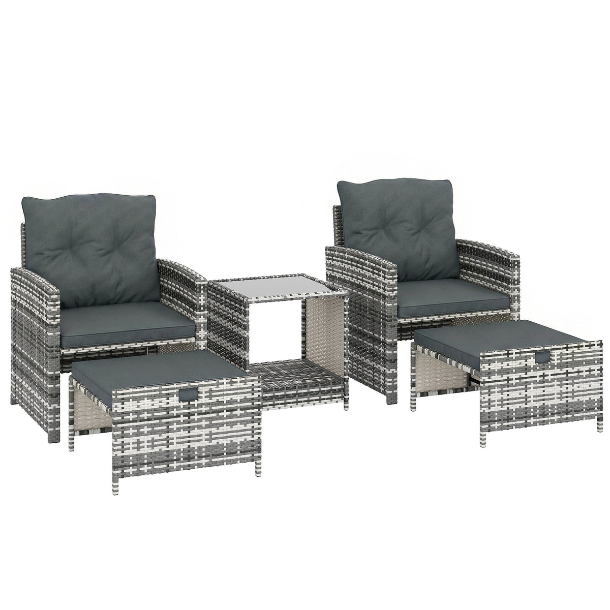 5-Piece Rattan Sofa Set with Ottomans, 2-Tier Glass Table, Grey/Dark Grey