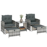 5-Piece Rattan Sofa Set with Ottomans, 2-Tier Glass Table, Grey/Dark Grey