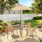 4-Seater Light Brown Rattan Dining Set with Parasol, Glass Top & Stacking Chairs
