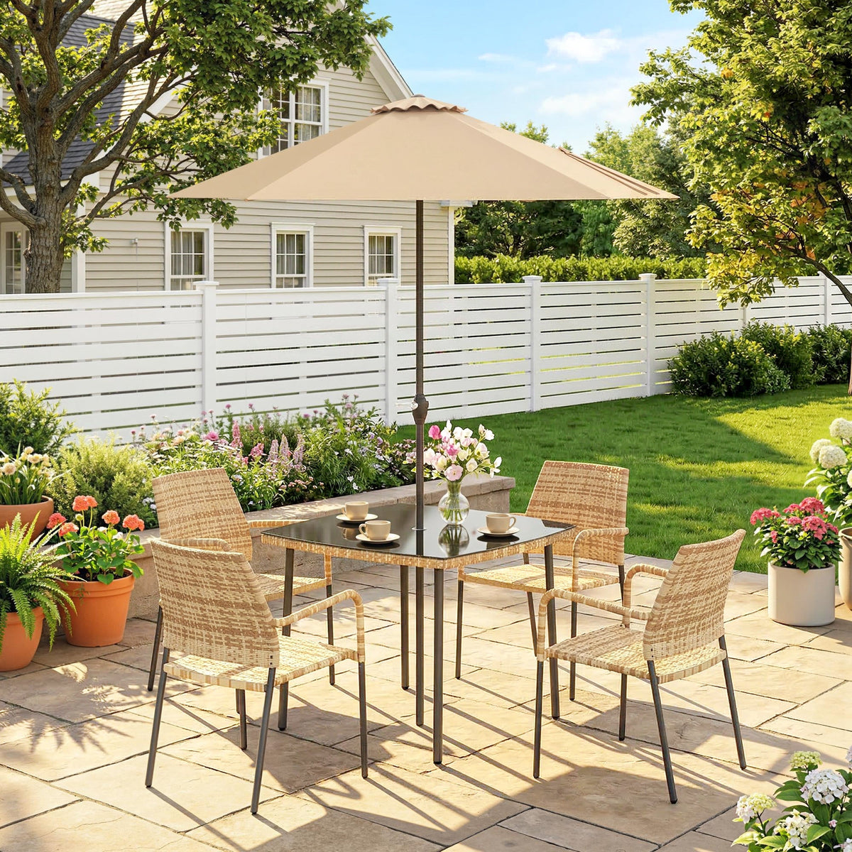 4-Seater Light Brown Rattan Dining Set with Parasol, Glass Top & Stacking Chairs