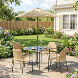 4-Seater Light Brown Rattan Dining Set with Parasol, Glass Top & Stacking Chairs