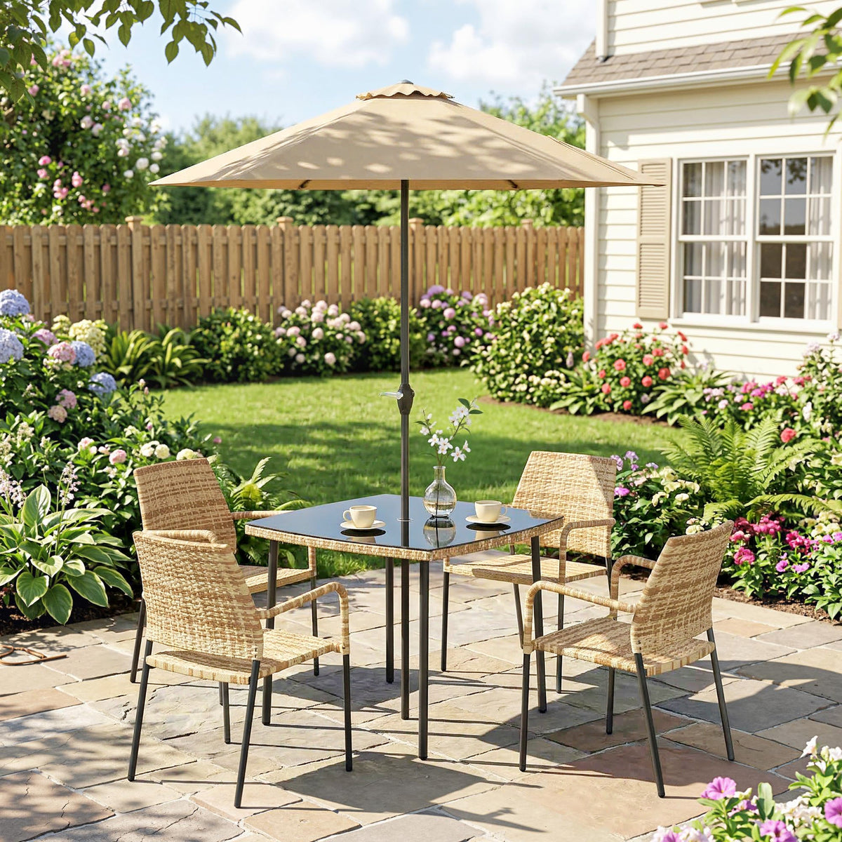 4-Seater Light Brown Rattan Dining Set with Parasol, Glass Top & Stacking Chairs