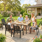 7-Piece Outdoor Dining Set with Slatted Rectangle Table and 6 Mesh Chairs, Black