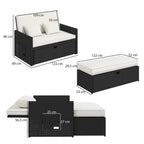 Rattan Garden Daybed with Ottoman, Retractable Trays & Cushions, Cream White