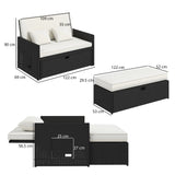Rattan Garden Daybed with Ottoman, Retractable Trays & Cushions, Cream White
