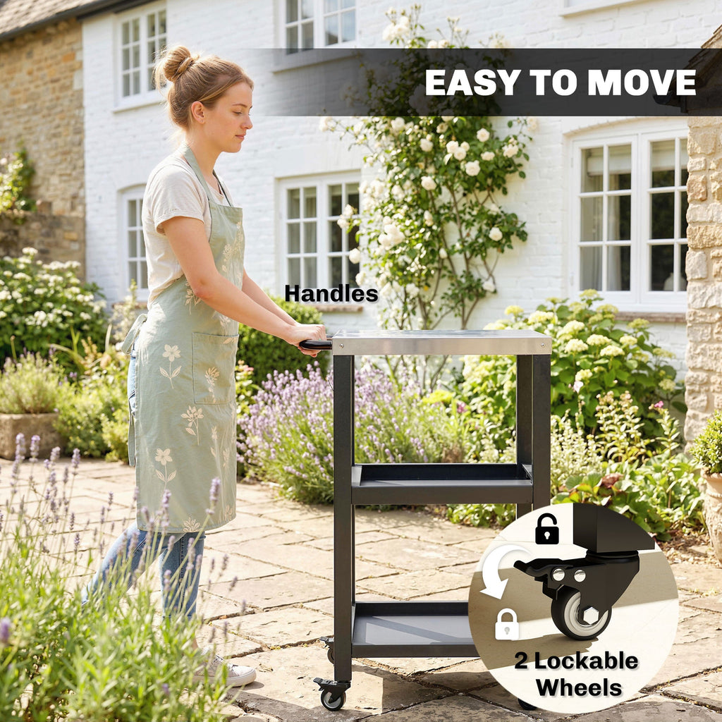 Outdoor Grill Cart with Stainless Steel Top, 2 Shelves and Lockable Wheels, Black