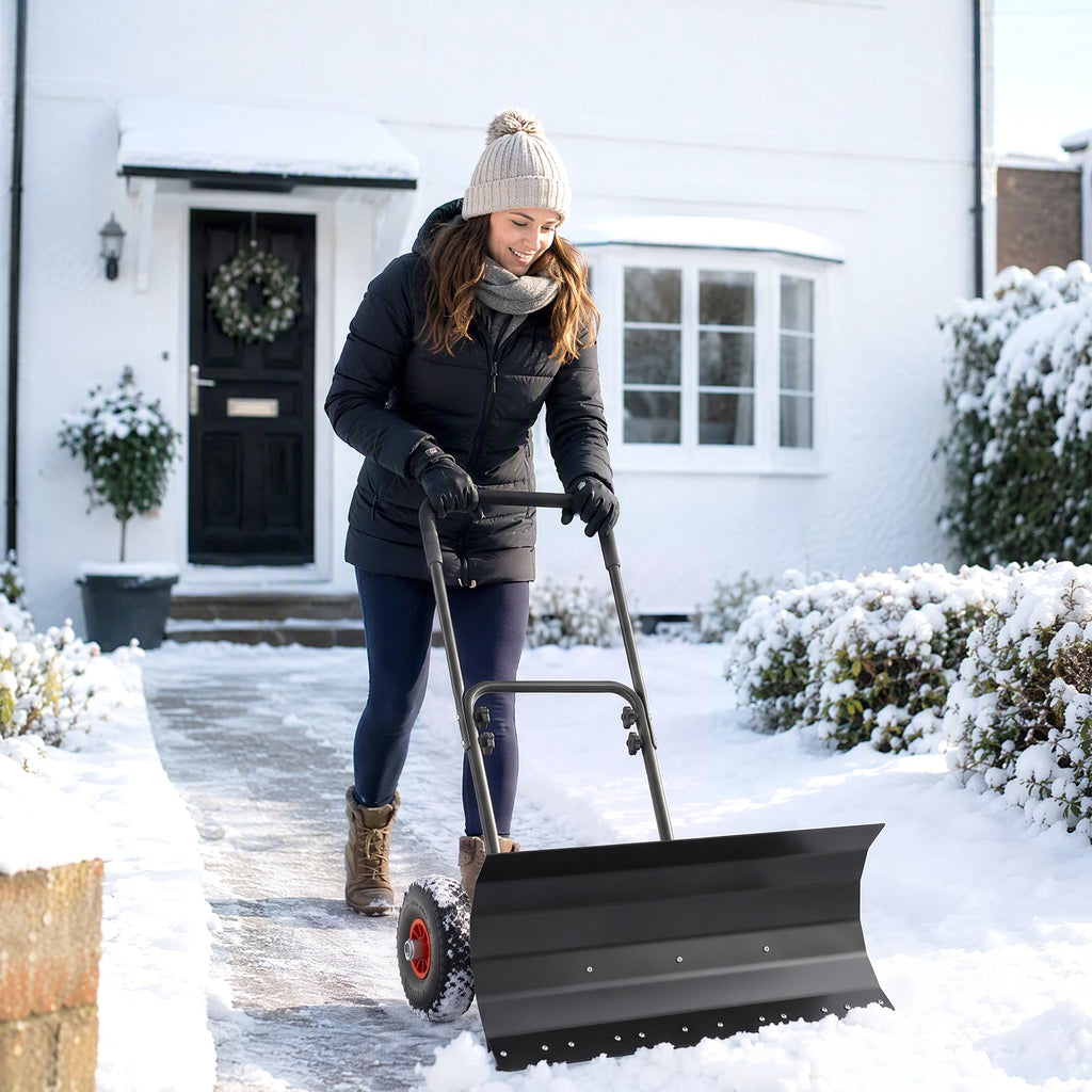 Heavy-Duty Metal Snow Pusher with Wheels & Adjustable Handle, 29" x 16.5" Black