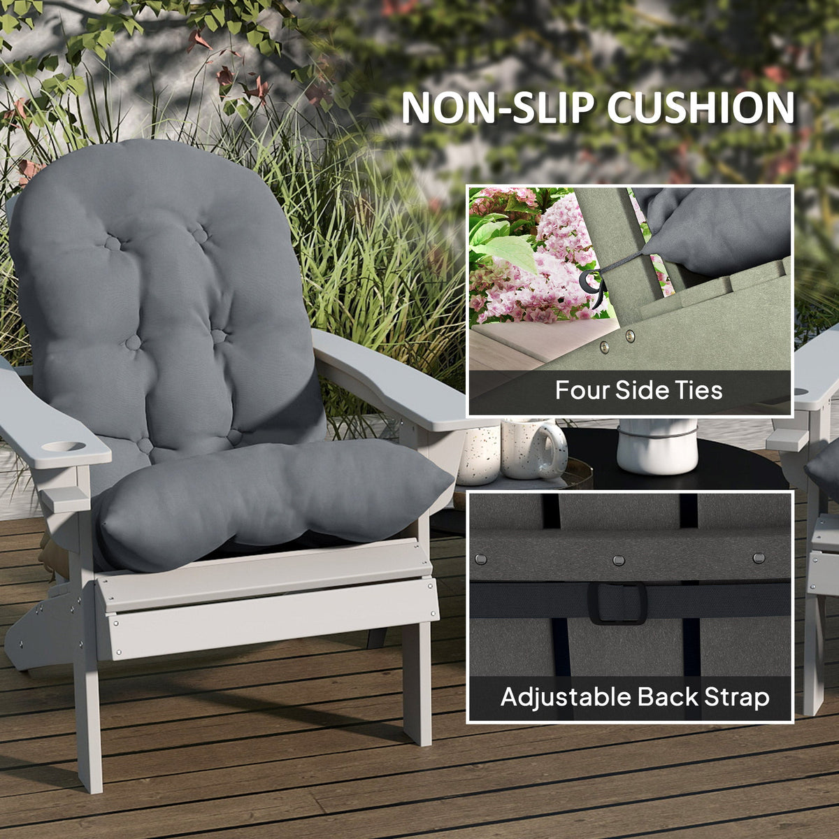 Set of 2 Tufted High Back Adirondack Chair Cushions with Ties, Non-Slip Grey