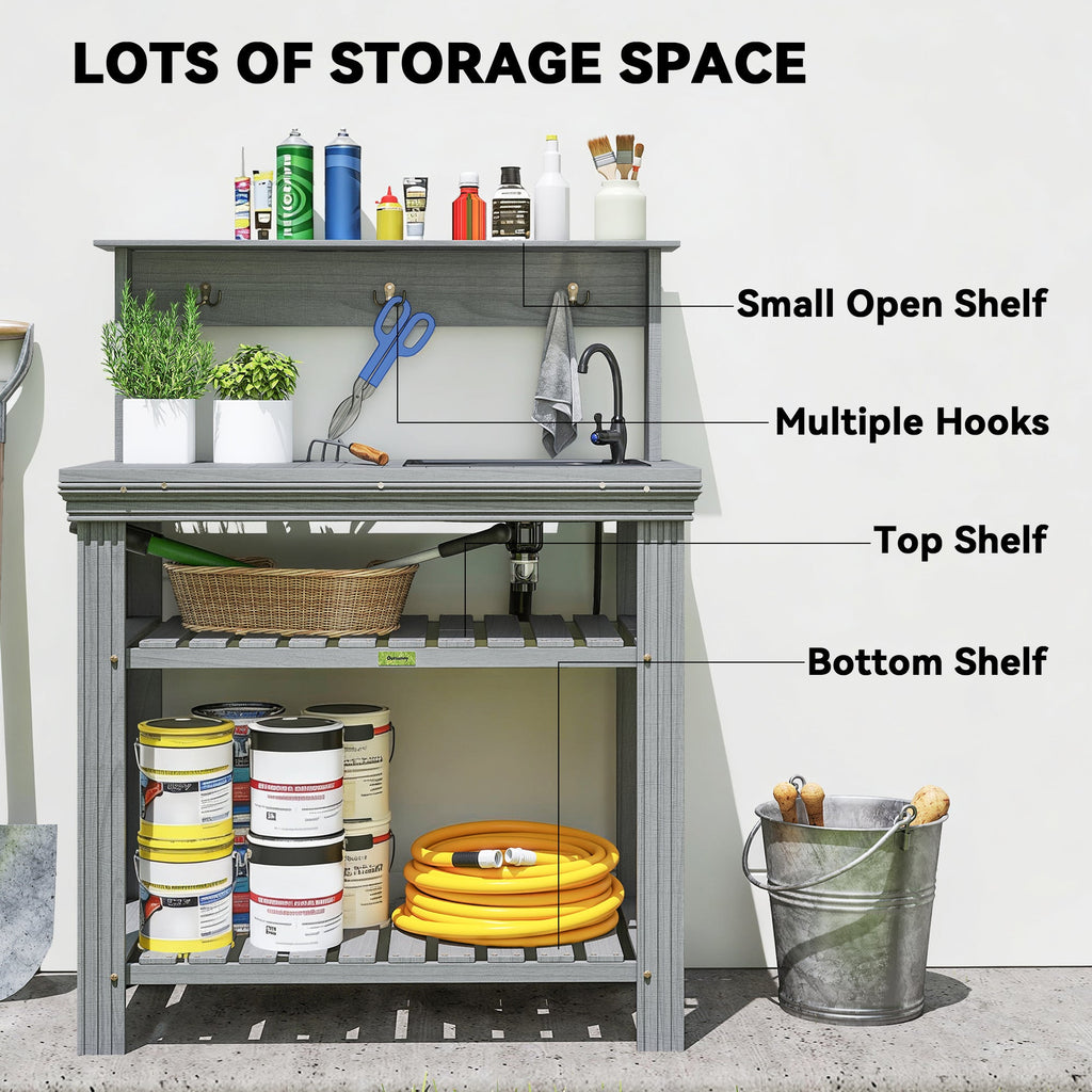 Outdoor Potting Bench Table with Faucet, Sink, Shelves and Hooks, Grey
