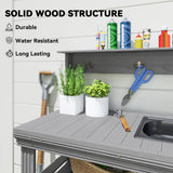 Outdoor Potting Bench Table with Faucet, Sink, Shelves and Hooks, Grey
