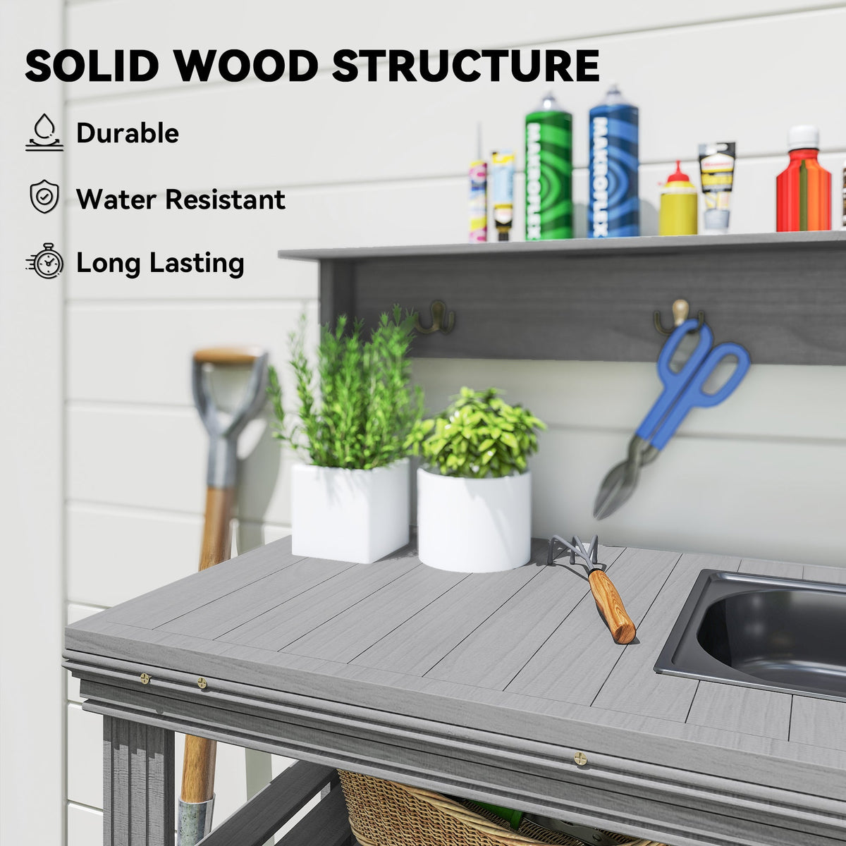 Outdoor Potting Bench Table with Faucet, Sink, Shelves and Hooks, Grey