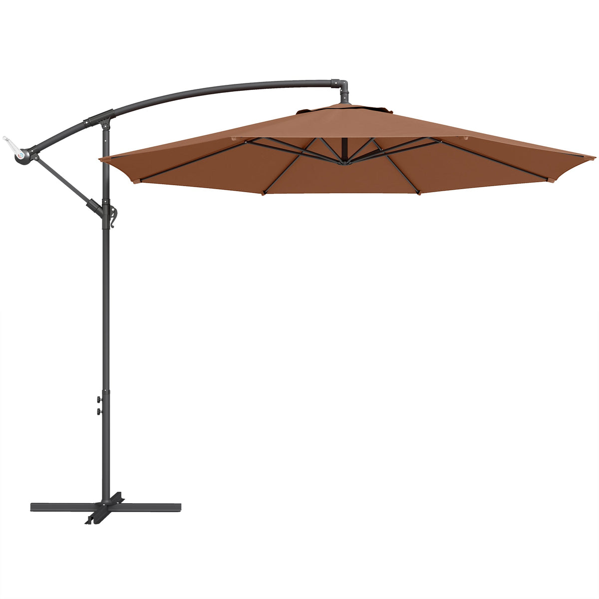 3 m Banana Parasol with Crank Handle, 8 Ribs & Cross Base, Coffee