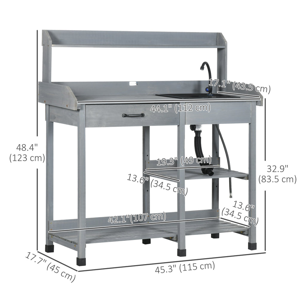 Potting Bench Table with Drawer, Removable Sink, Shelves and Hooks
