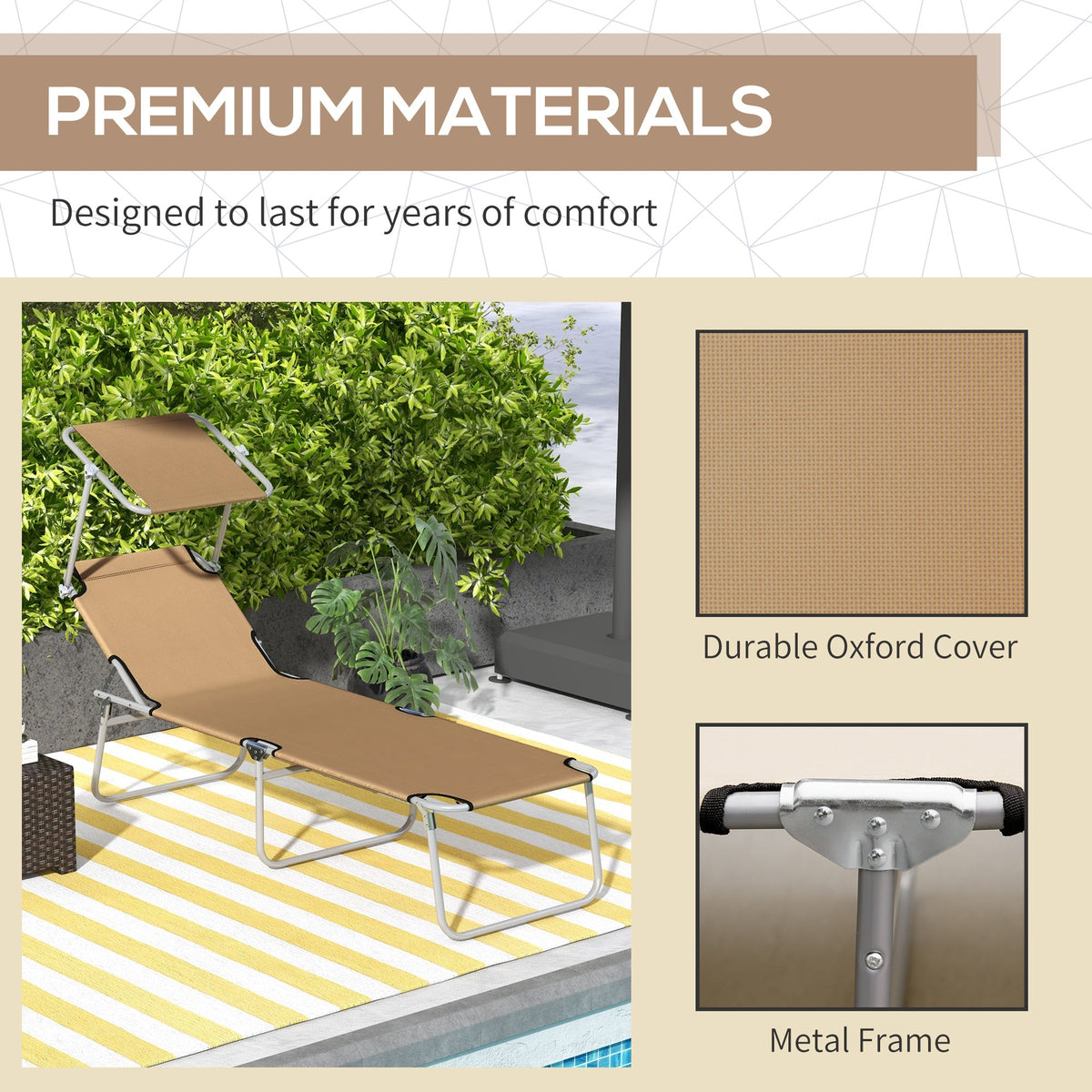 Adjustable Folding Lounge Chair with Sun Shade, Brown