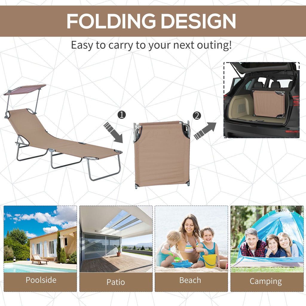 Adjustable Folding Lounge Chair with Sun Shade, Brown