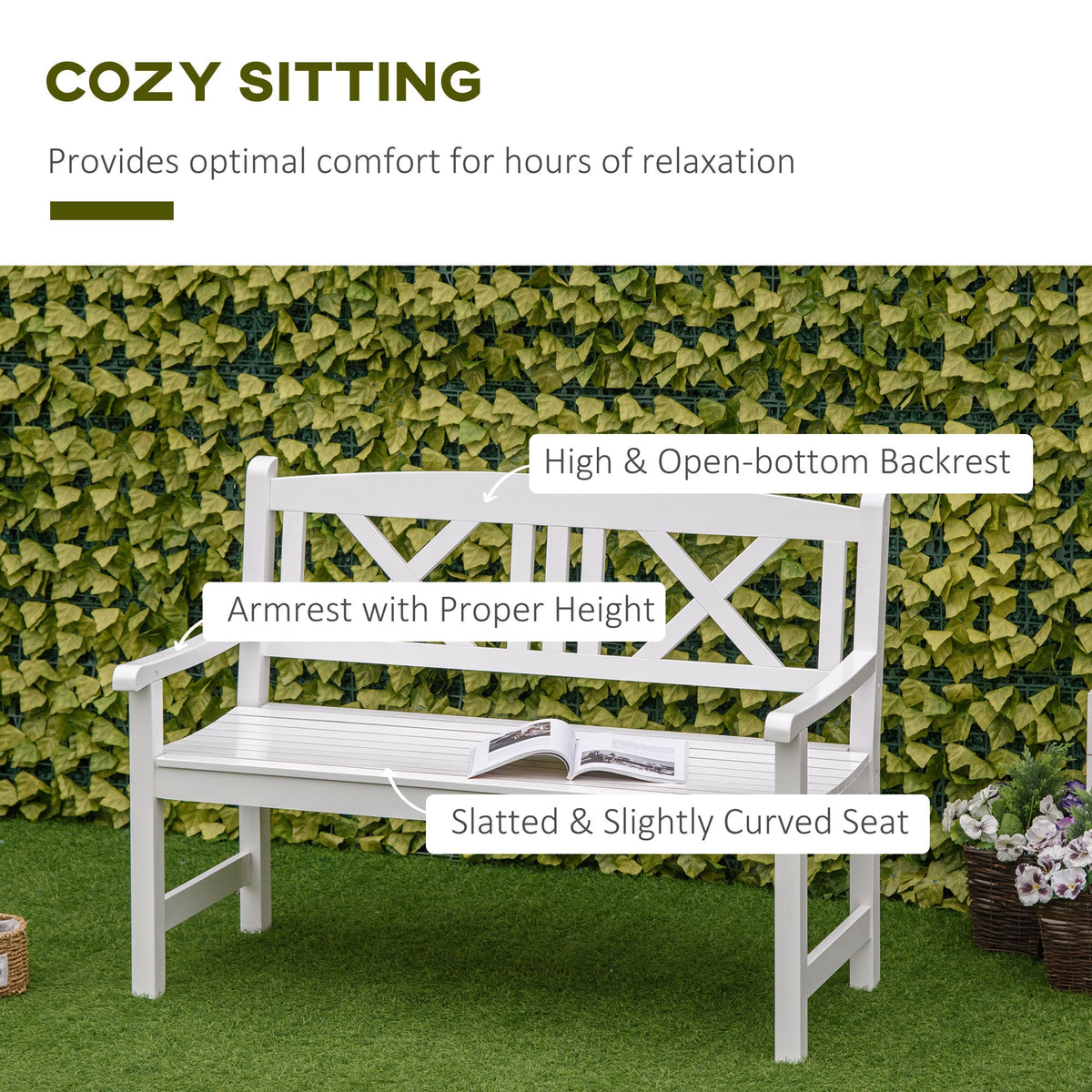 4FT 2-Seater Wooden Garden Bench with X-Shape Back, White