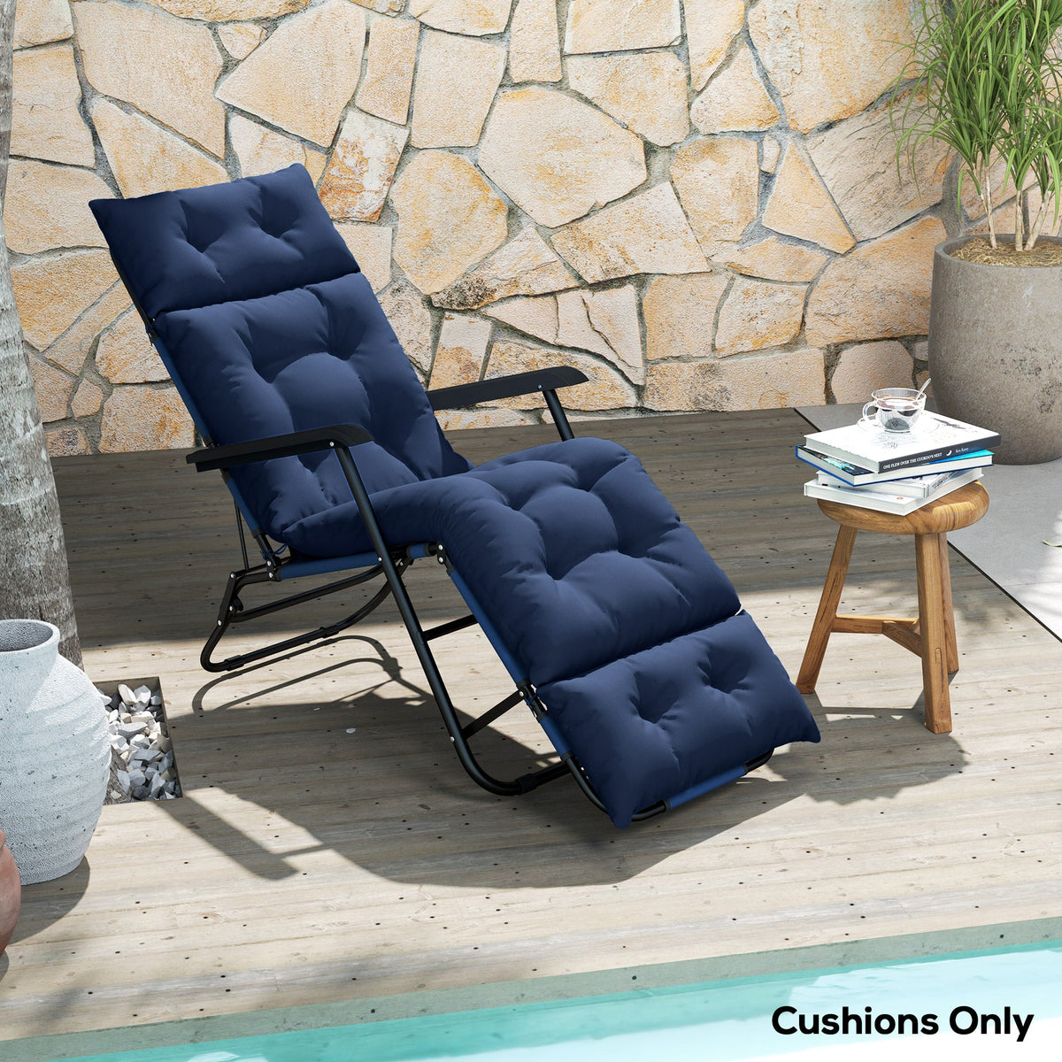 Tufted 74.8" x 22" x 4" Outdoor Chaise Lounge Cushion with Ties, Navy Blue