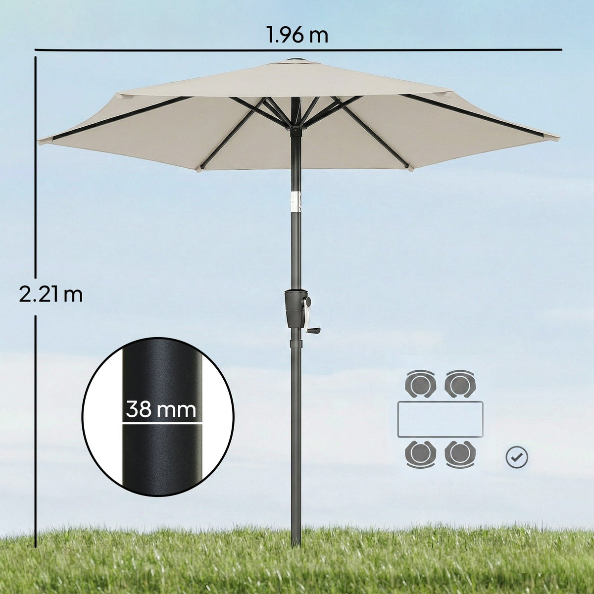 2 m Garden Parasol with Crank Handle, Tilt Function & UV30+, Light Grey