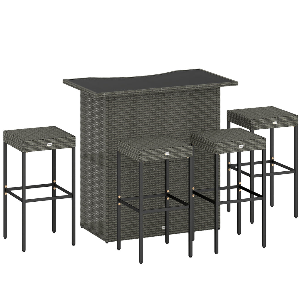 5 Piece Outdoor Wicker Bar Set with Glass Top Table and 4 Stools, Dark Gray