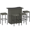 5 Piece Outdoor Wicker Bar Set with Glass Top Table and 4 Stools, Dark Gray