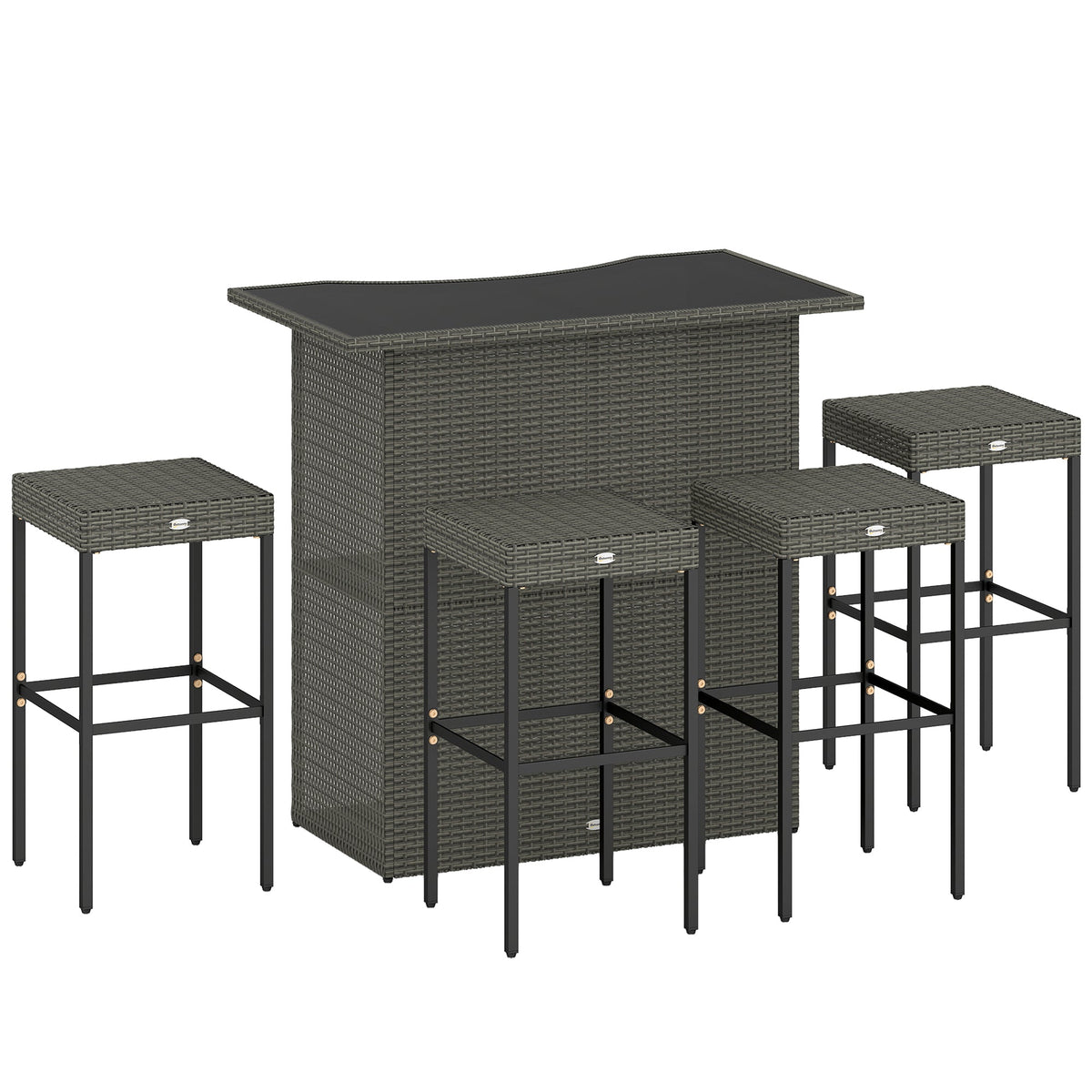 5 Piece Outdoor Wicker Bar Set with Glass Top Table and 4 Stools, Dark Gray