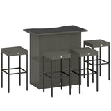 5 Piece Outdoor Wicker Bar Set with Glass Top Table and 4 Stools, Dark Gray