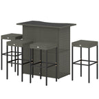 5 Piece Outdoor Wicker Bar Set with Glass Top Table and 4 Stools, Dark Gray