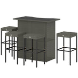 5 Piece Outdoor Wicker Bar Set with Glass Top Table and 4 Stools, Dark Gray