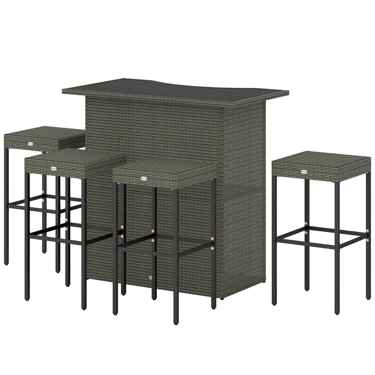 5 Piece Outdoor Wicker Bar Set with Glass Top Table and 4 Stools, Dark Gray