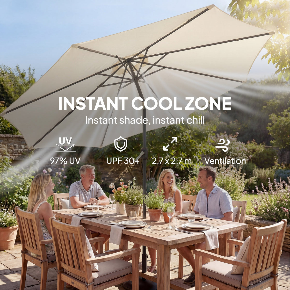 2.7 m Garden Parasol with Cross Base, Sandbag and Tilt, Cream White