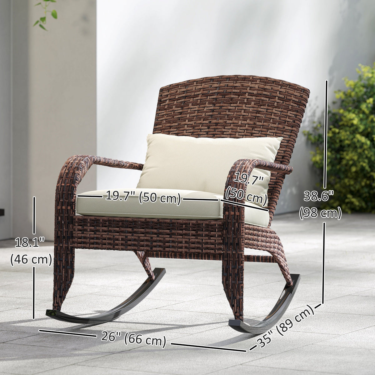 Wicker Adirondack Rocking Chair with Cushion and Pillow, Cream White/Brown