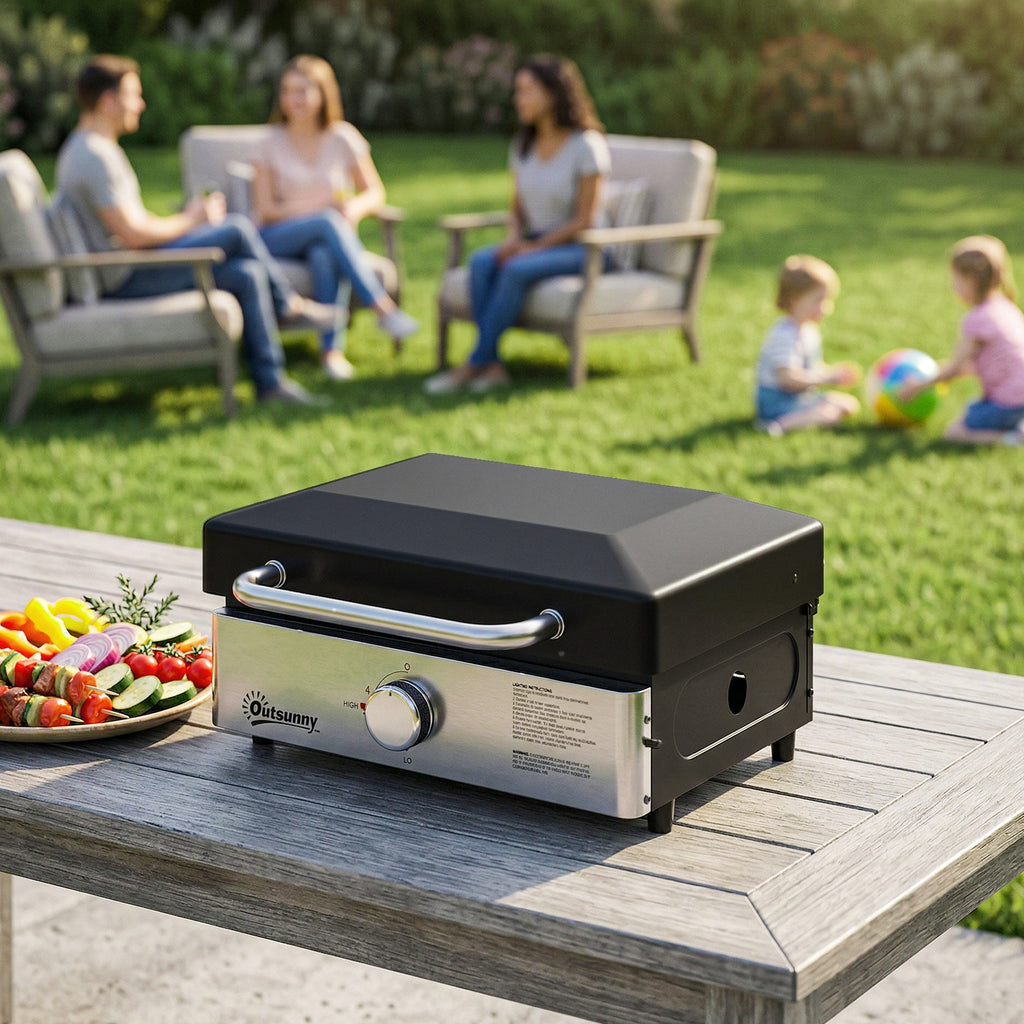 Portable Gas Plancha Grill 3.5 kW, Tabletop Griddle with Grease Cup, Black
