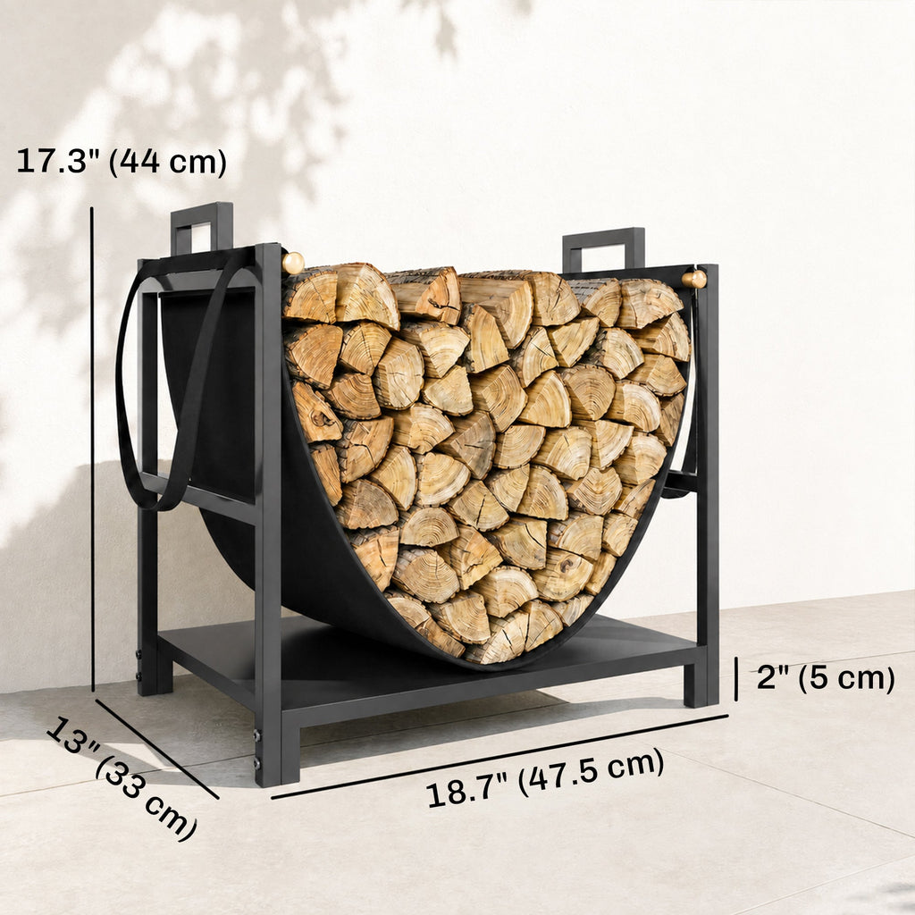19 Inch Heavy Duty Steel Firewood Rack with Canvas Carrier for Indoor Fireplace Storage, Black