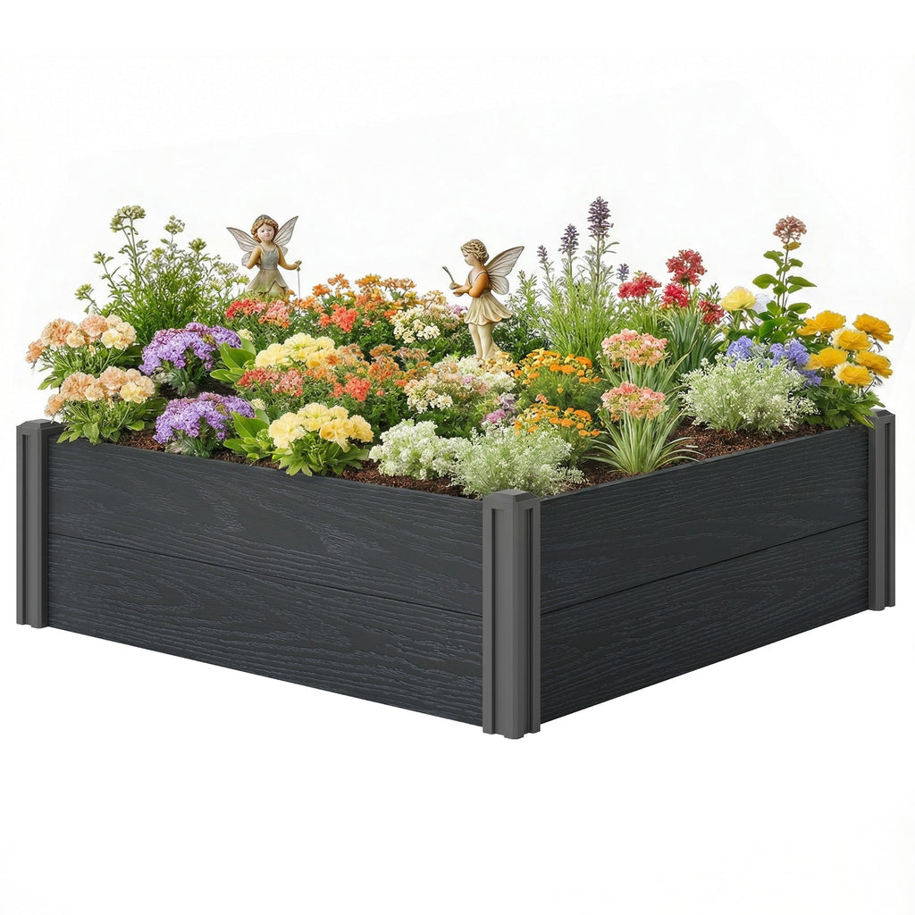 3 x 3 x 1ft Vinyl Raised Garden Bed with Open Bottom, Grey Wood Effect