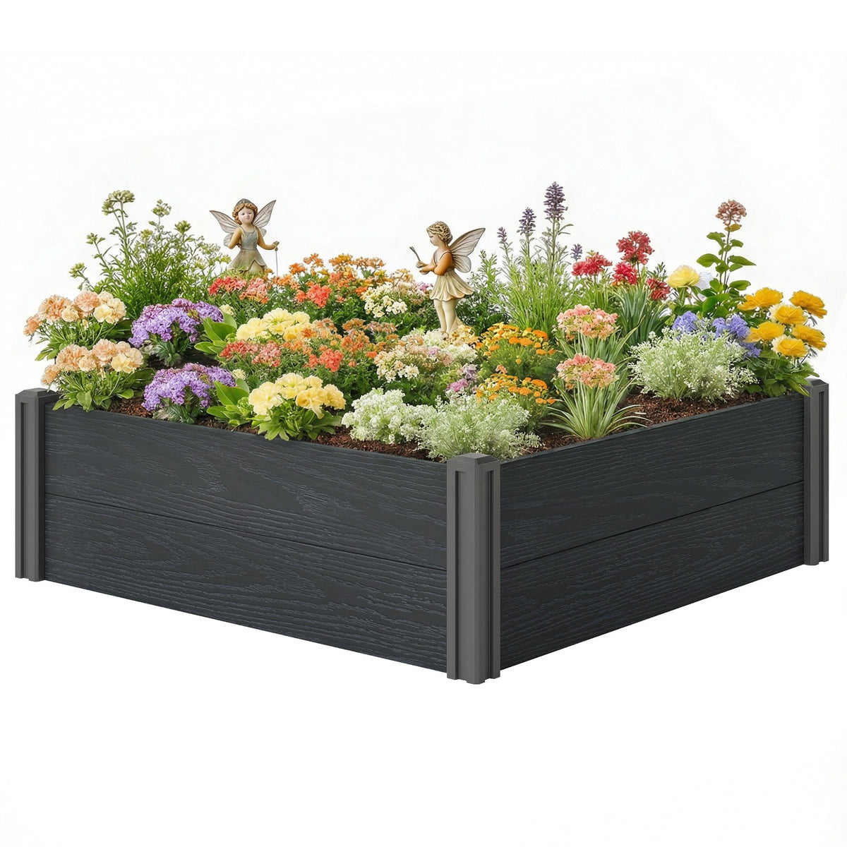 3 x 3 x 1ft Vinyl Raised Garden Bed with Open Bottom, Grey Wood Effect