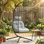 Hanging Egg Chair with Stand, Metal Frame and Adjustable Height, Dark Grey