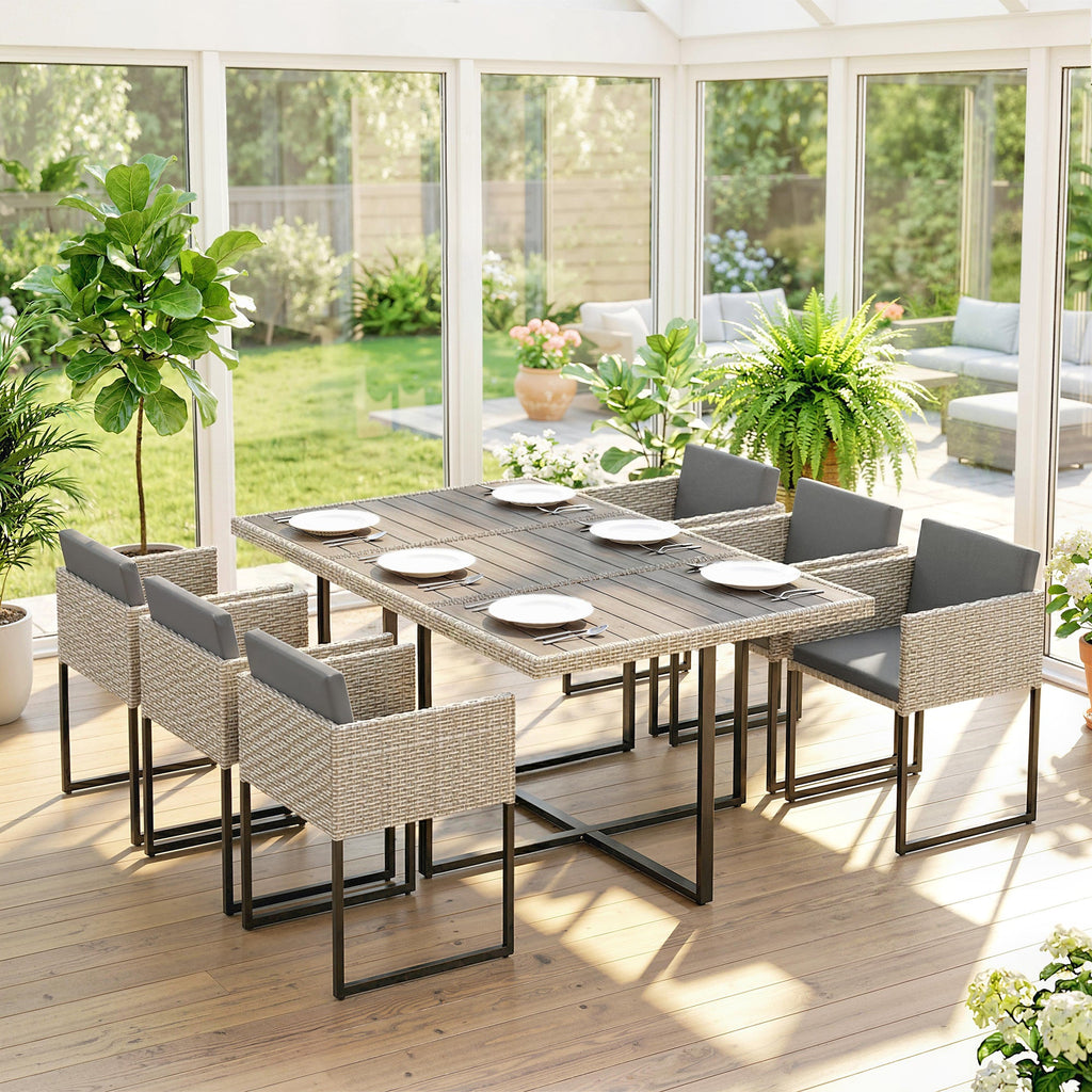 7-Piece Light Grey Rattan Dining Set with WPC Table, 6 Chairs & 12 Cushions