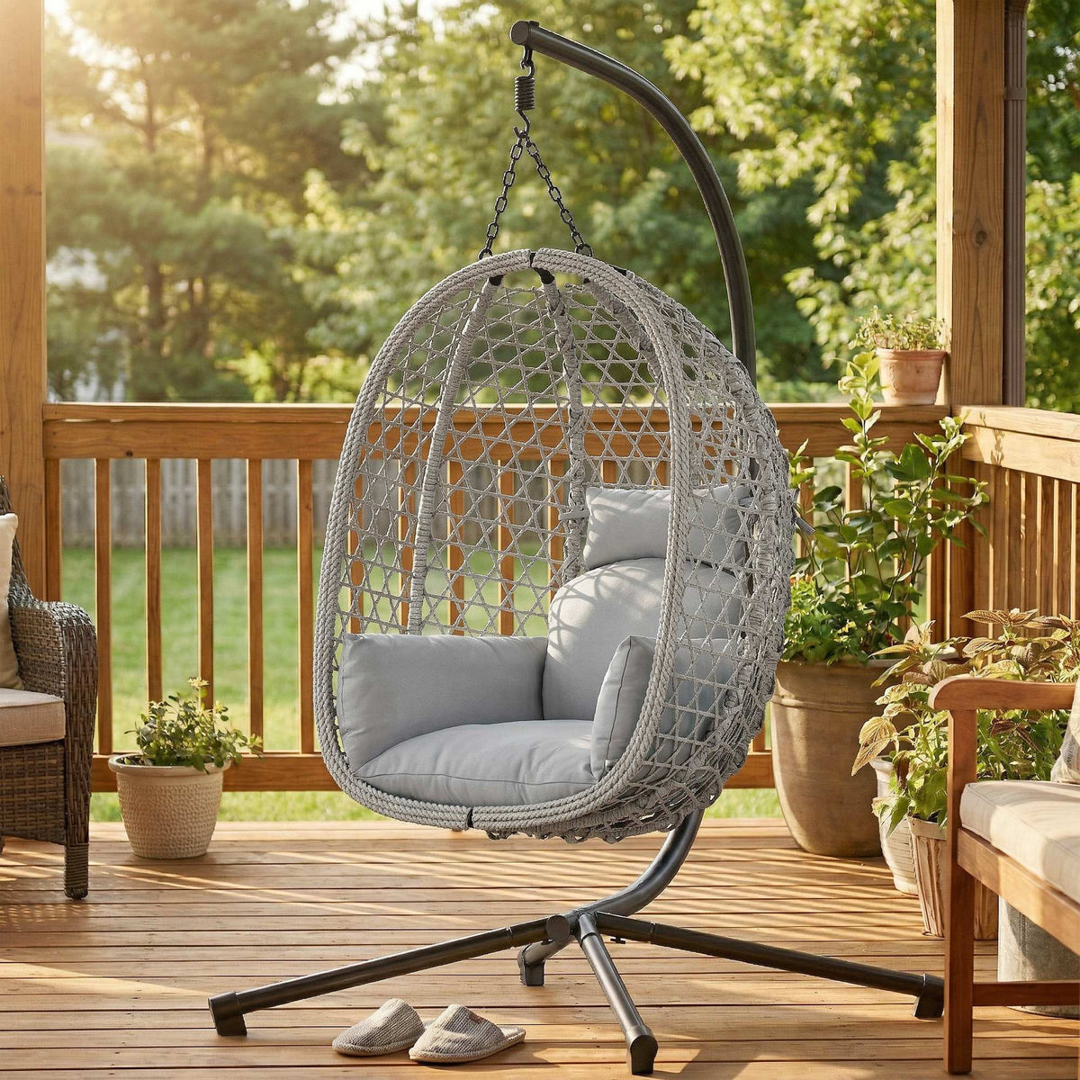 Hanging Egg Chair with Stand, Rattan Hammock, Thick Cushion, Light Grey