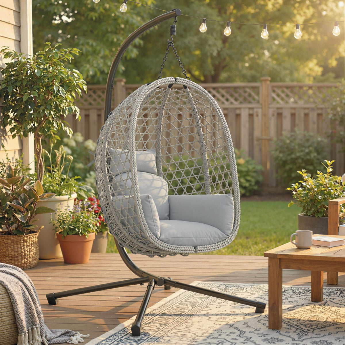 Hanging Egg Chair with Stand, Rattan Hammock, Thick Cushion, Light Grey
