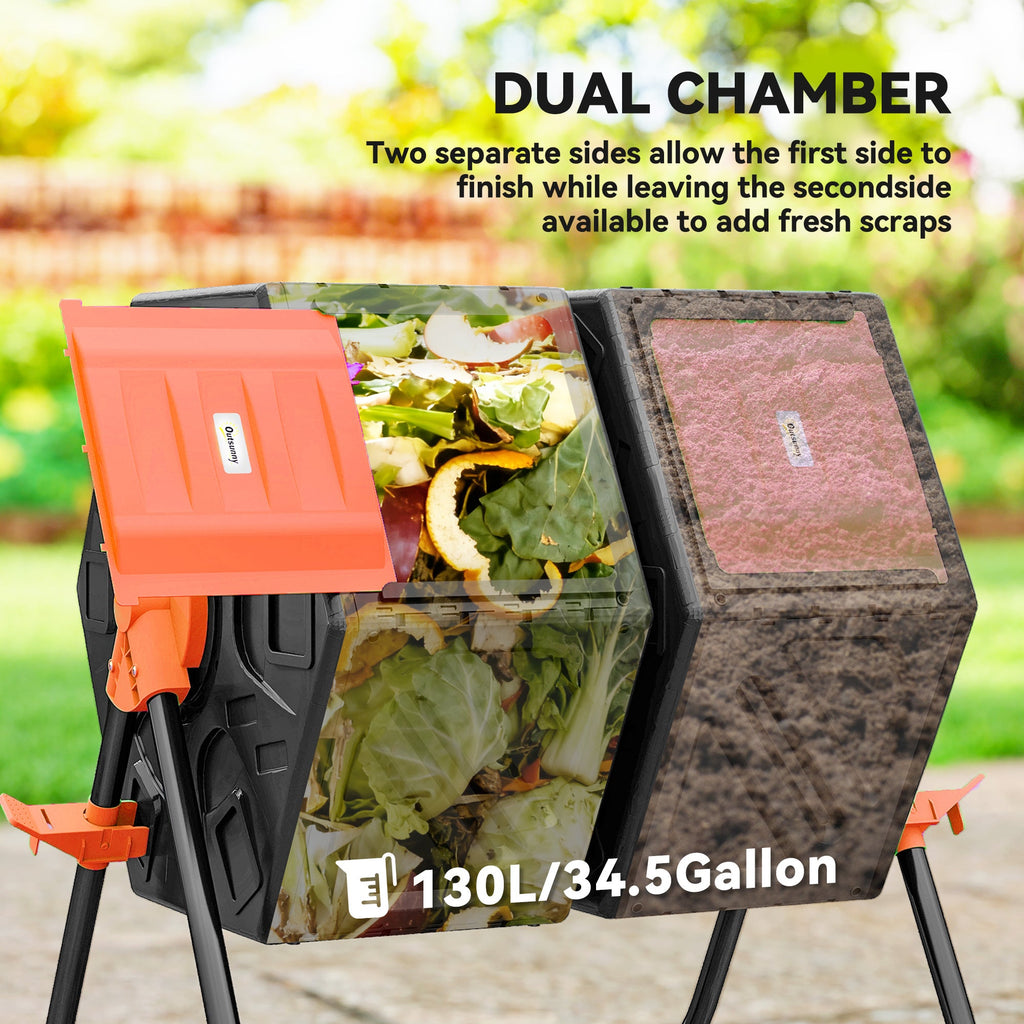 34.5 Gallon Dual Chamber Compost Tumbler with Steel Legs, Orange