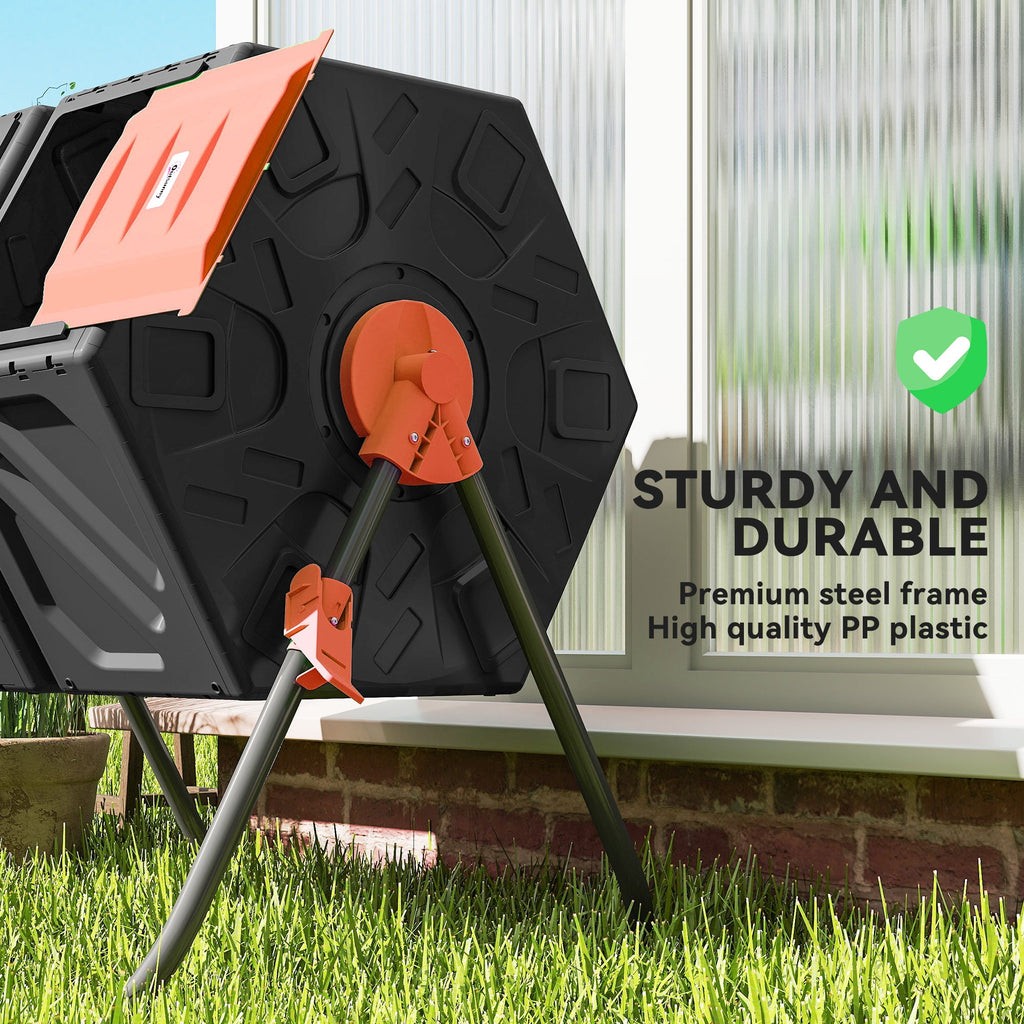34.5 Gallon Dual Chamber Compost Tumbler with Steel Legs, Orange