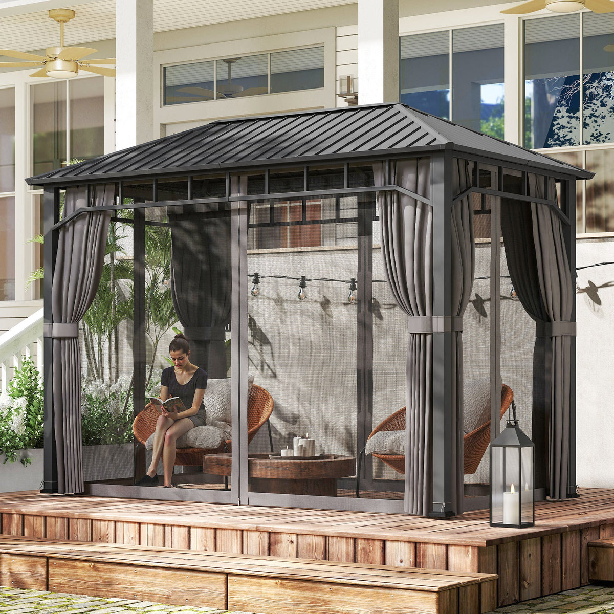 2 x 3.5 m Hardtop Gazebo with Galvanised Roof, Netting & Curtains, Dark Grey