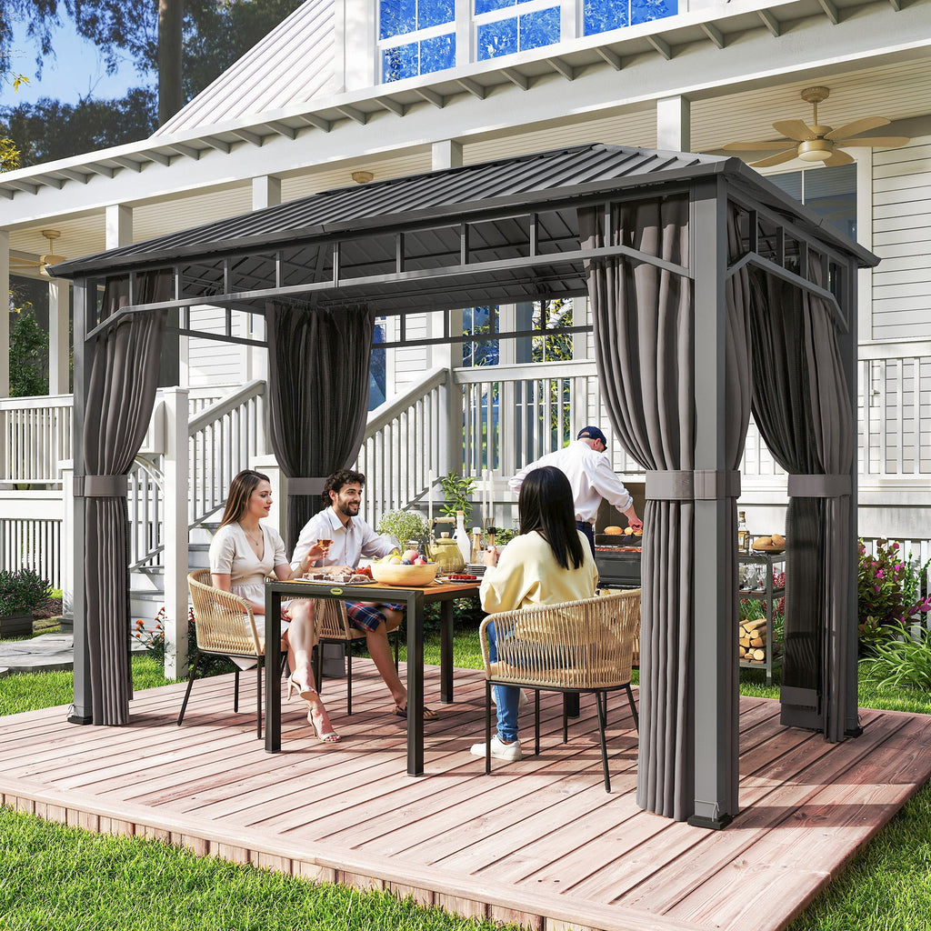2 x 3.5 m Hardtop Gazebo with Galvanised Roof, Netting & Curtains, Dark Grey