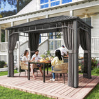 2 x 3.5 m Hardtop Gazebo with Galvanised Roof, Netting & Curtains, Dark Grey