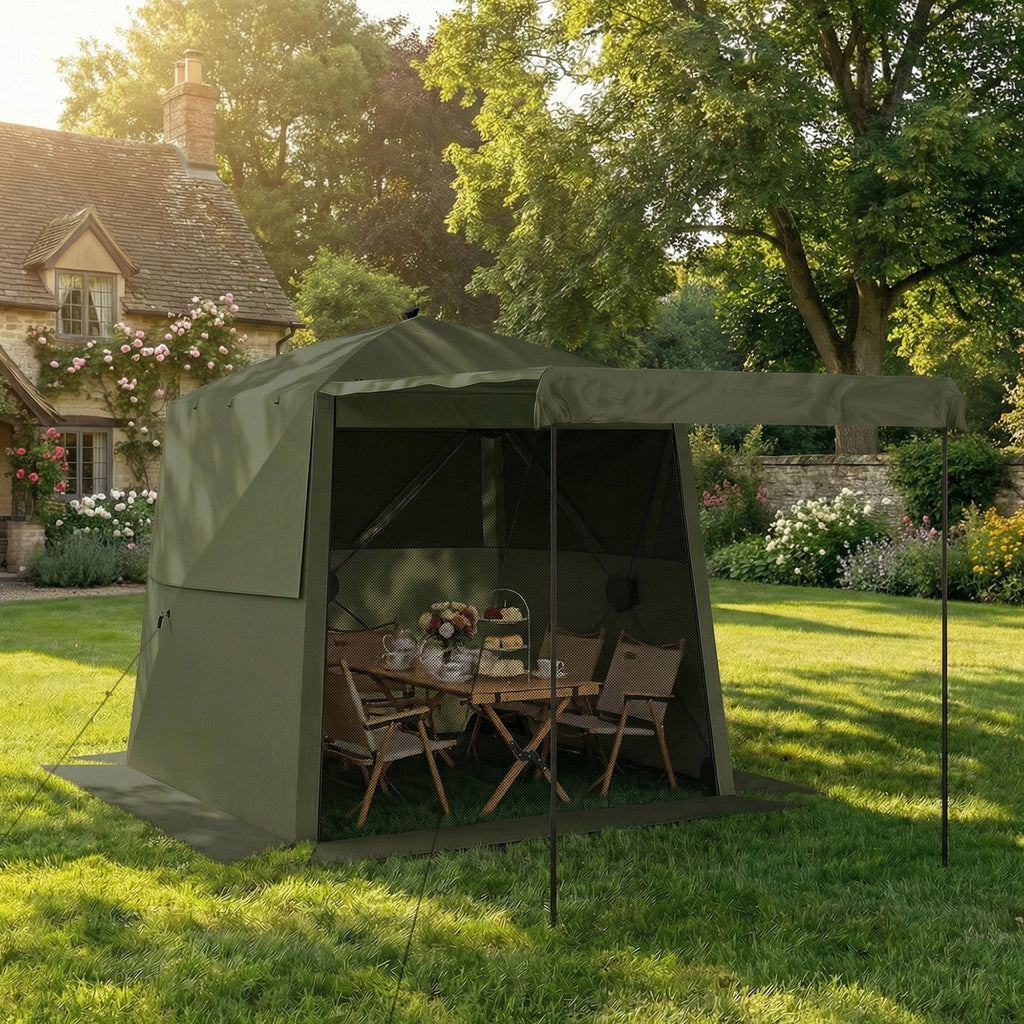 2 x 2 m Pop Up Gazebo with Awning, Sides, Mesh Windows & Carry Bag, Army Green